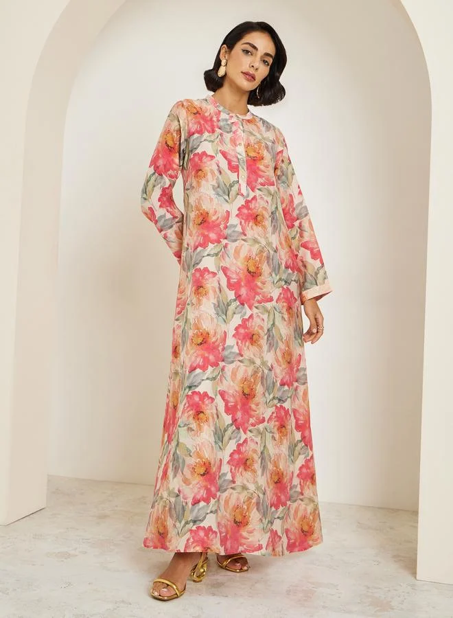 Amirah Women Floral Print Collared Buttoned A-Line Jalabiya